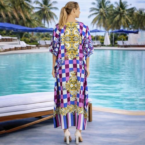 Image of Miss Lavish London Purple Floral Kaftan Dress for Women V Neck Batwing Sleeve Maxi Beach Cover Up, Ethnic Rose Print Plus Size Caftan with Side Slits & Pockets, Resort Wear Swimsuit-Purple-S