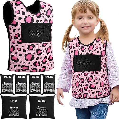 Image of Janmercy Weighted Vest for Kids Ages 2 to 9 Adjustable Neoprene Compression Vest Removable Weights Breathable Comfort Toddler(Leopard Print,Small,Pink)