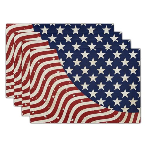 Granbey Patriotic Placemats - 4th of July Place Mats Set of 4 American Flag Table Mats Independence Memorial Day Veterans Day Kitchen Mats 12x18 for Party Dining Table