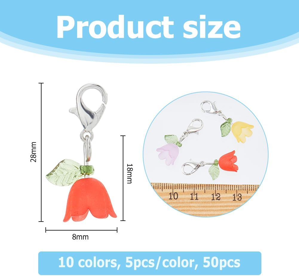 50Pcs 10 Colors Acrylic Flower Pendants Lily Floral Charms Valley Bell Flower Charms Bag Charms with Alloy Lobster Claw Clasps for Knitting DIY Earrings Necklace Jewelry Craft - Image 2