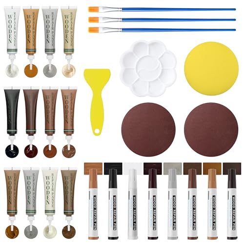 XCZNAGS Wood Repair Kit: 12-Color Wood Filler and 8-Color Furniture Markers Touch Up for Scratches/Holes/Stains/Cracks in Floors/Table/Cabinets(Laminate/Hardwood)