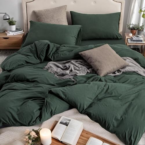 PURE ERA Jersey Knit Duvet Cover Set 100% T-Shirt Cotton Super Soft Comfy 3pc Bedding Set with Zipper Closure (Solid Forest Green, Oversized Queen)