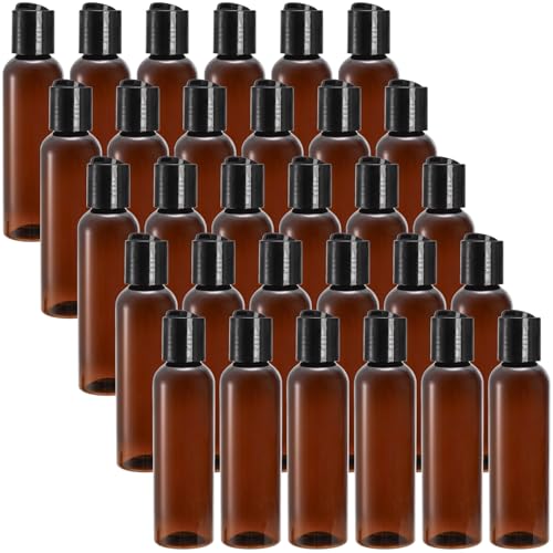 Bekith 30 Pack 4oz Plastic Squeeze Bottles with Disc Top Flip Cap, Empty Amber BPA-Free Refillable Containers For Shampoo, Lotions, Liquid Body Soap, Creams