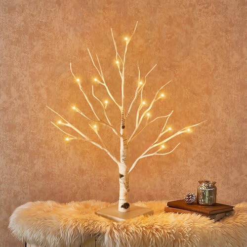 2FT White Birch Tree with Lights, Tabletop Christmas Tree with 24 Warm White LEDs, Battery/USB Powered, Decorative Lighting for Indoor Christmas, Parties, Home, Weddings, and Easter