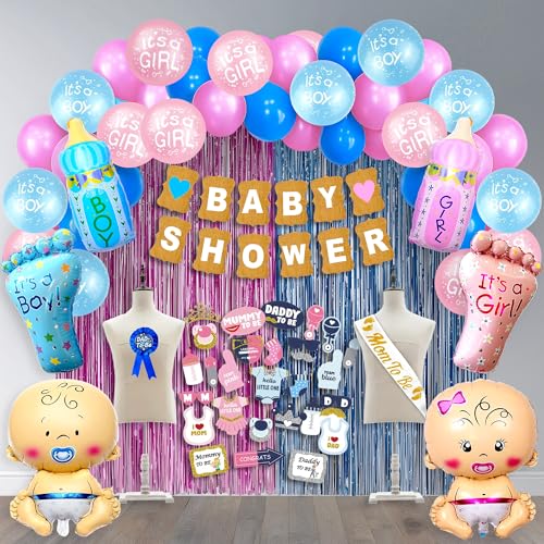 Image of Party Propz Baby Shower Decorations Kit - 92 Pcs Baby Shower Backdrop Decoration Set, Props and Banner, Balloons, Foil Curtains, Mom to be Sash, Dad to be Badge, Godh Bharai Decoration