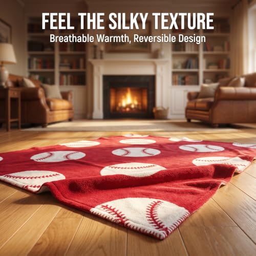 Image of Ultra Soft Cozy Happy Baseball Sports Knitted Throw Blanket Fluffy Microfiber Bed Blanket Lightweight Both Sides Blanket for Couch Sofa Bed Red