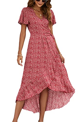 Image of Naggoo Women's Summer Wrap Floral V Neck Ruffle Short Sleeve Beach Midi Dress