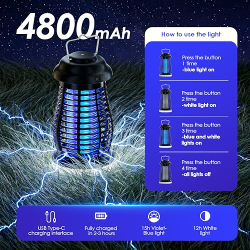 Image of Bug Zapper Outdoor & Indoor,Cordless Portable Mosquito Zapper with Rechargeable 4800mAh Battery & Auto On /Off,Mosquito Repellent Outdoor Patio,Electric Fly Trap for Camping,Kitchen,Backyard,Patio