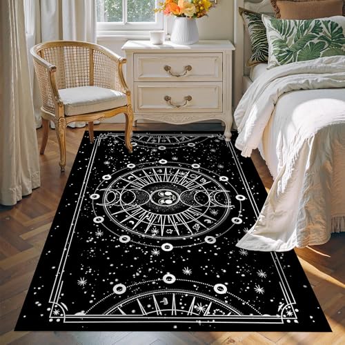 Sun and Moon Rug Boho Celestial Area Rugs for Bedroom Dorm Living Room Bohemian Occult Crescent Solar Stars Galaxy Floor Mat Pad Doormat,79" X 39",Black Black02 3'3" x 6'7" (Rectangular)
