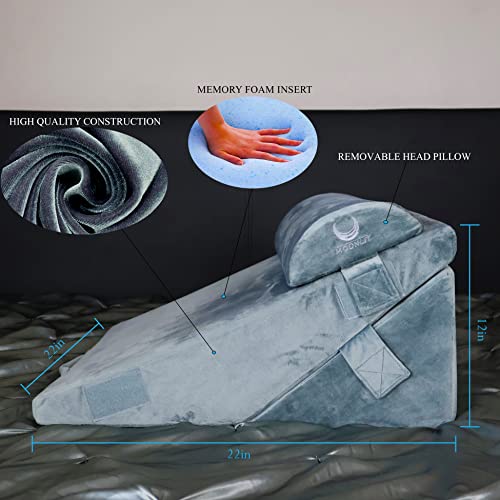 Moonlit Bed Wedge Pillow - Premium Adjustable Memory Foam Pillow For Sleeping - Post Sugery Relief For Neck, Leg, Back Pain - Versatily For Acid Reflux Gerd Snore Relax (Velvet, Grey) #TOP1