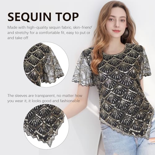 Vijiv Women's Chic Sequin Beaded Top Shimmer Glitter Blouse Fish-Scale Bell Sleeve Irregular Hem Formal Gatsby Shirt2