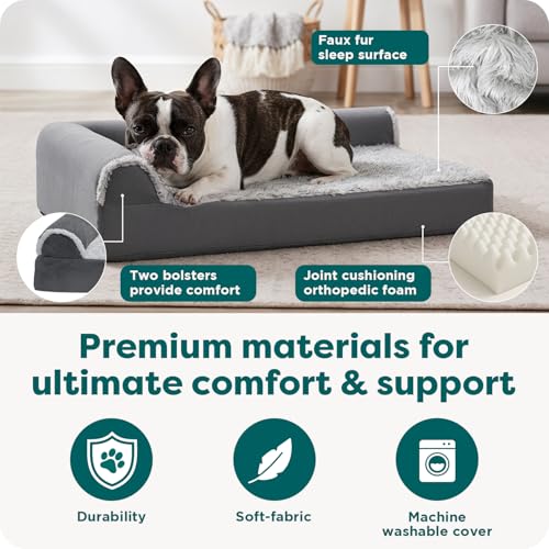 Image of FurHaven Orthopedic Dog Bed for Medium Dogs, L-Shaped Chaise Mattress with Orthopedic Egg Crate & a Solid Orthopedic Foam Base for Joint Support, Washable Cover, Medium, Faux Fur & Suede, Stone Gray
