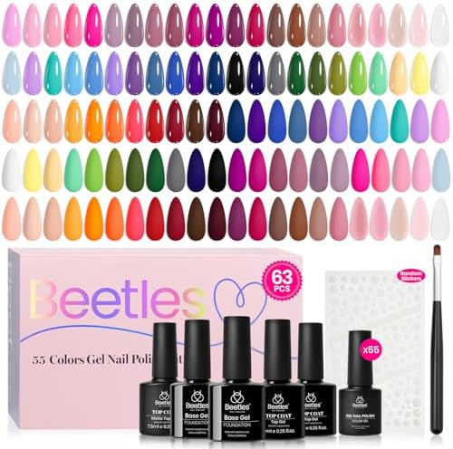 Beetles Gel Nail Polish Set, 63 PCS 55 Colors Gel Polish Kit with Base Coat | with Nail Art Stickers, Brush, Base Coat&Glossy/Matte Top Coat for Uv Led Manicures