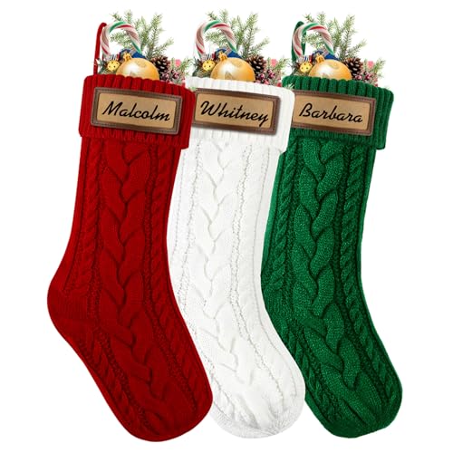 JOLCEEY 3pcs Christmas Stockings 18 Inch Large Knit Personalized Xmas Hanging Stocking Custom Name Red Green White Stockings with Leather Patches for Christmas Fireplace Tree Decorations