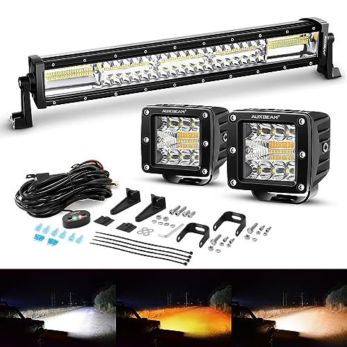 Auxbeam 22 Inch 120W LED Light Bar + 3 Inch 96W LED Pods 2 Pack, LED Offroad Lights with Amber Strobe Function, 6 Modes Flashing Spot Flood Combo Amber Fog Light Off Road Driving Lights 3 In