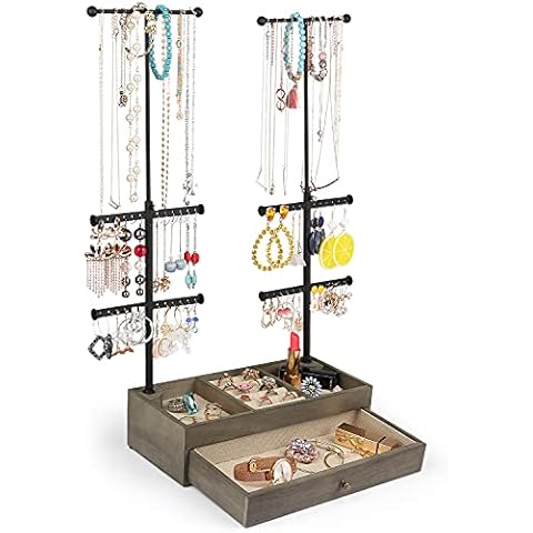 Miratino Jewelry Organizer Stand Double Rods & 6 Tiers Jewelry Holder with Rustic Wood Drawer Storage Base for Necklaces Bracelets Earrings Rings Display Color Weathered Grey Cover