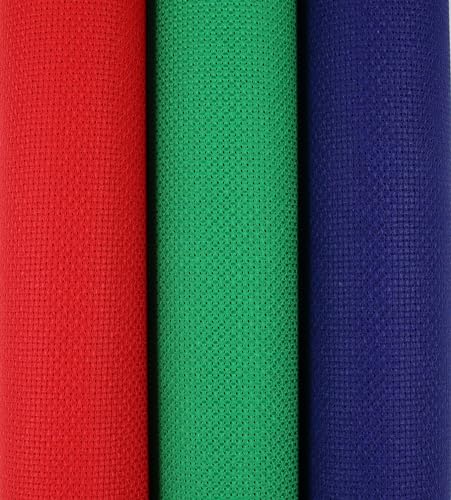 Image of KCS 3 pc of 15 inch x 18 inch(38cmx45cm) Counted Cross Stitch Cotton Aida Cloth Needlework Rolled Fabric Box,14CT,Red+Green+Royal Blue
