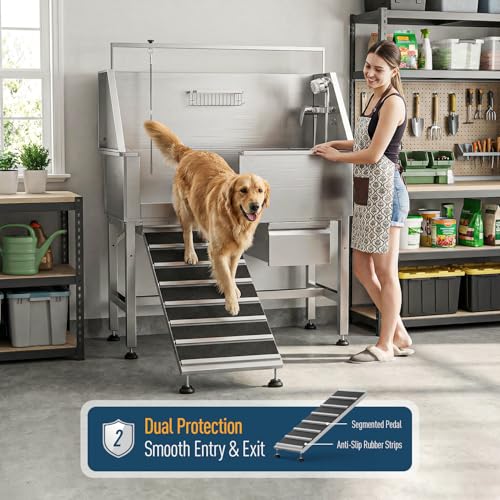 Image of 46 inch Heavy Duty Dog Washing Station - 304 Stainless Steel Pet Bathing Tub with Left Side Ramp, Elevated Grooming Sink with Storage Drawer & Removable Floor Grate, Outdoor Ready for Large & Medium Dogs | 304 Stainless Steel