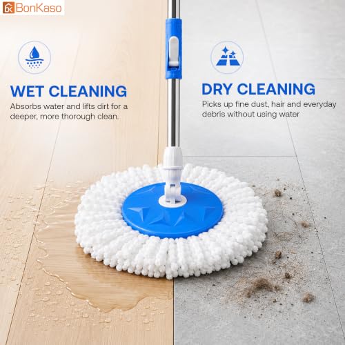 Image of Bonkaso 360 Spin Mop & Bucket Set with Stainless Steel Wringer, 45 Inch Mop Rod, Easy Drain Plug, 2 Microfiber Refills, Wet & Dry Floor Cleaning Mop for Home Kitchen Bathroom Office, Blue