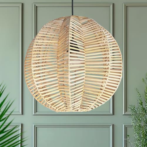 FOREVER BAMBOO Indonesian Hand-Woven Natural Rattan Pendant Light Fixture Circle Shape Woven Wicker Lampshade Chandelier Interior Decor, 15 in H x 15 in W