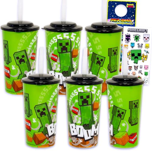 Minecraft Kids 16 Oz Reusable Cups - Video Game Party Favor 6 Piece Bundle with 16 Oz Cup with Lid and Straw Plus Stickers for Boys and Girls | Minecraft Tumbler with Straw