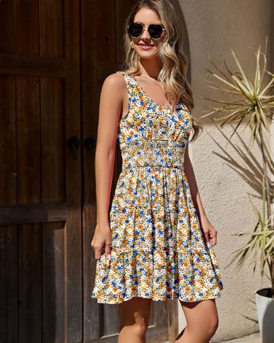 Image of Summer Dresses for Women Casual Sleeveless Sundresses Elastic Waist Mini Sun Dress