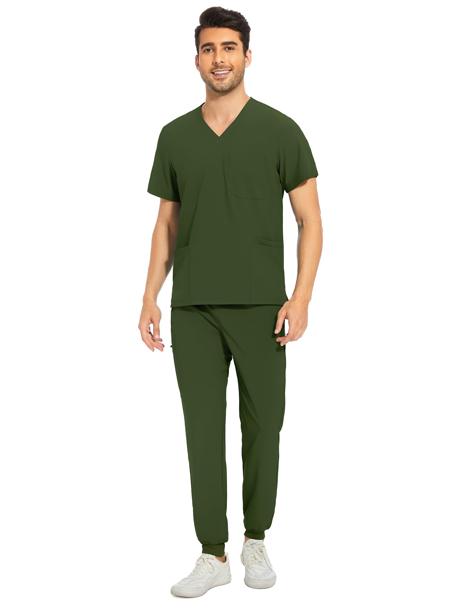COZYFIT Men Scrubs Set — Stretch V-Neck Scrub Top & Jogger Pant with 8 Pockets, Yoga Waistband, Anti-Wrinkle Scrubs for Men