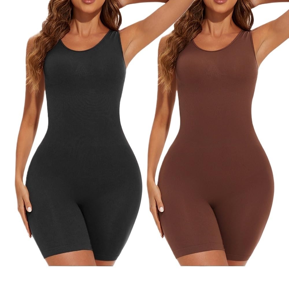 Exkurpoo Women's Black-Brown Shapewear Bodysuits Full Coverage Shapewear Thigh Slim Body Suit Wide Shoulder Body Shaper Jumpsuit(,One Size_xxl)