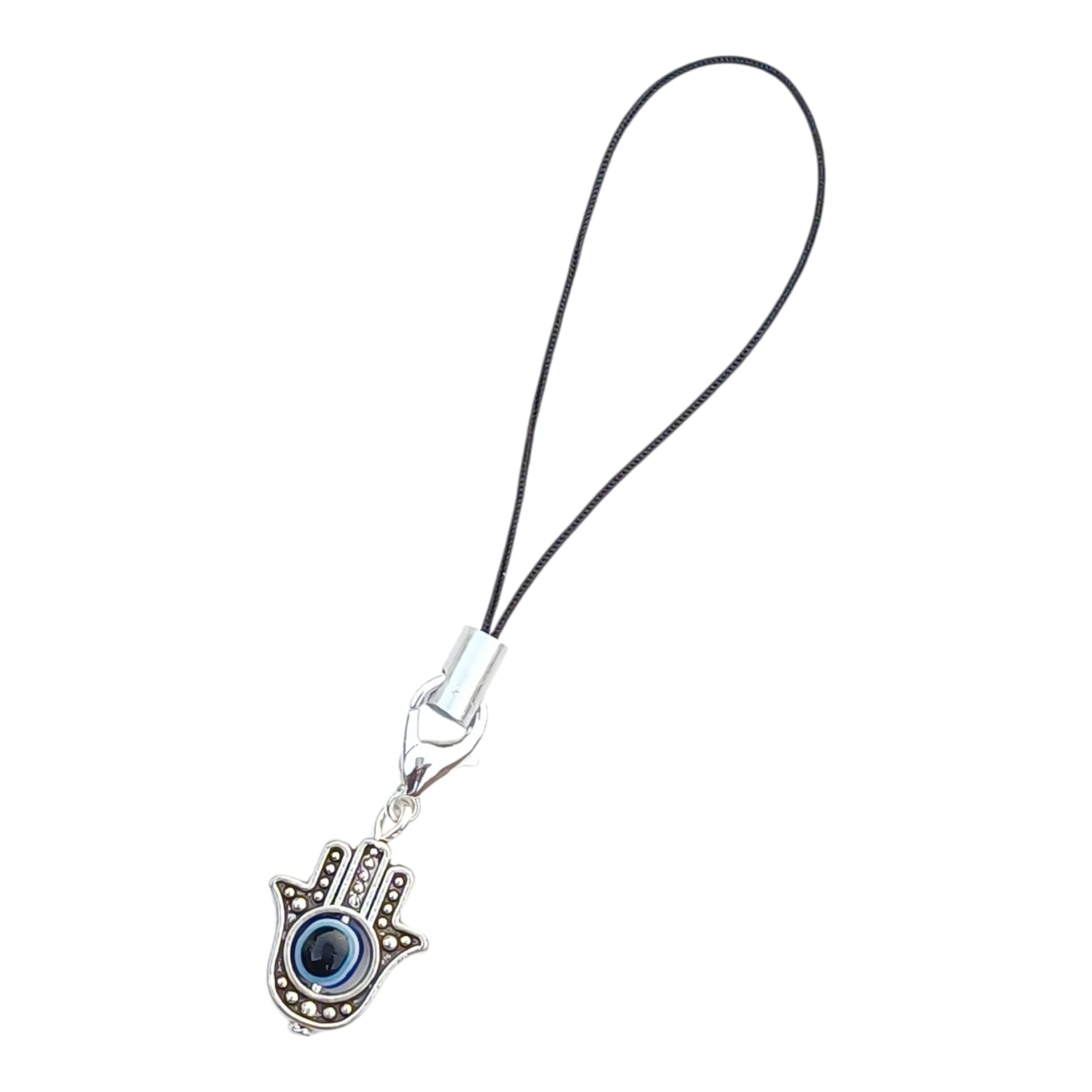 Hamsa Hand Evil Eye Phone Charm Strap, Silver Metal with Blue Eye, Crystal Accents-image-8