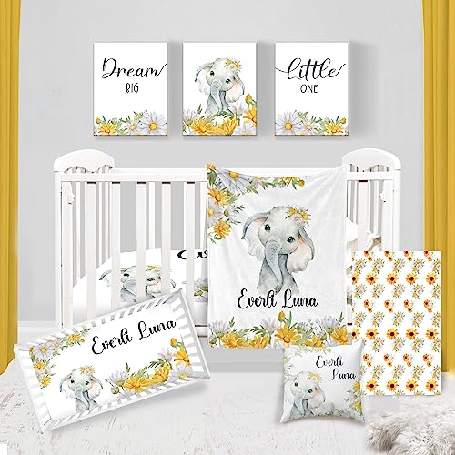 Duckbe Personalized Baby Crib Bedding Set: Custom Baby Girl Crib Bedding Set Nursery Blanket Crib Sheet Changing Pad Cover with Elephant Chrysanthemum Red Bedding