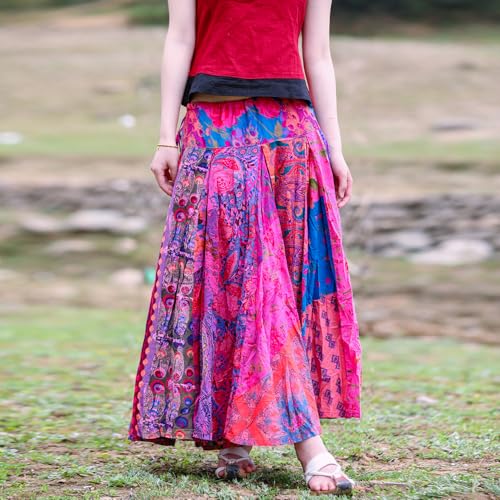 Bohemian High Waisted Elastic A-Line Skirt Loose Patchwork Long Skirt Summer Beach Skirt Versatile and Casual2