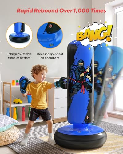Image of QPAU Punching Bag for Kids, 66 Inch Stable Inflatable Boxing Bag with Boxing Gloves, Stand Kids Punching Bag Toy for Boys & Girls Age 6-12, Boxing Set for Practicing Karate, Taekwondo, MMA