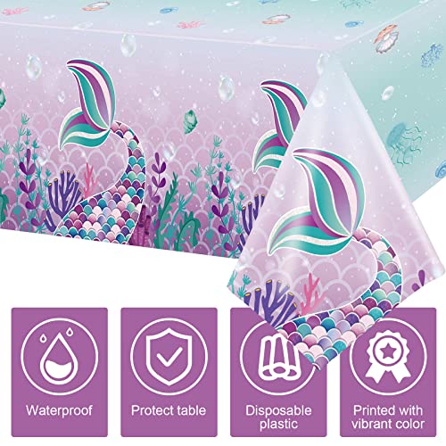 3 Pieces Mermaids Tablecloth, Sea Theme Party Table Covers Disposable Printed Plastic Waterproof Washable Table Cloth Supplies For Kids Girls Birthday Baby Shower Ocean Party Decoration, 54 X 108 Inch #TOP3