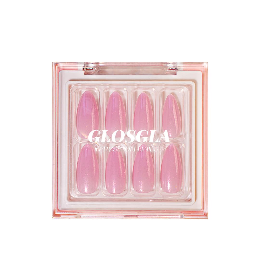 Chrome Pink Press on Nails Almond Medium Advanced Hand Made fake nails for Women Girls Gift- Salon UV Finish, Reusable Opaque Nails in 12 Sizes - 24 Nail Kit with Glue