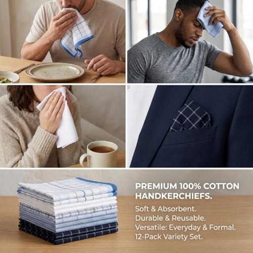 Image of Men's 12pcs 100% Cotton Checkered Handkerchiefs Gift Box, 15.75 Inch Soft Breathable Absorbent Large Pocket Squares