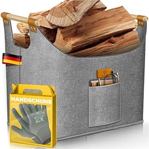 KESSER® Brennholzkorb 90 Liter | Kaminholztasche extra dicker Filz | Feuerholzkorb faltbar mit verstärkten Holzgriffen | Aufbewahrungskorb für Holz, Zeitung oder Brennholz | Inkl. Arbeitshandschuhen