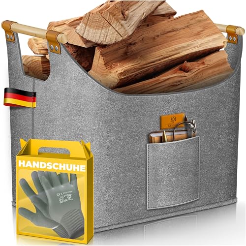 KESSER® Brennholzkorb 90 Liter | Kaminholztasche extra dicker Filz | Feuerholzkorb faltbar mit verstärkten Holzgriffen | Aufbewahrungskorb für Holz, Zeitung oder Brennholz | Inkl. Arbeitshandschuhen