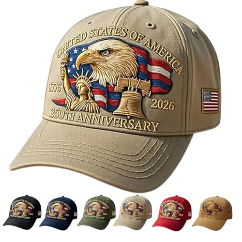 NNBWLMAEE Eagle & Liberty – United States 250th Anniversary Hat, Adjustable Bald Eagle Printed Patriotic Baseball Cap (Khaki)