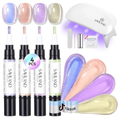 Image of SAVILAND Express One-Step Gel Nail Polish Pens Set with U V Light: 4 Colors Cat Eye 3-in-1 Gel Polish Pen Kit Base & Color & Top in One Pen Fast Curing Polarized Cateye Nail Art Beginner Travel 4ml