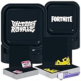 Unique Fortnite Dinnerware Party Bundle - Square Black Dinner & Dessert Plates, Luncheon & Beverage Napkins - Boy Birthday Supplies & Decorations Paper Set Victory Royale