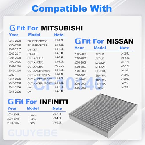 Image of Cabin Air Filter With Activated Carbon,For Nissan 2002-2006 Altima Maxima Sentra Murano X-Trail,For Mitsubishi 2007-2020 Outlander Lancer RVR,For infiniti 2003-2007 G35 FX35 FX45,For CF10140