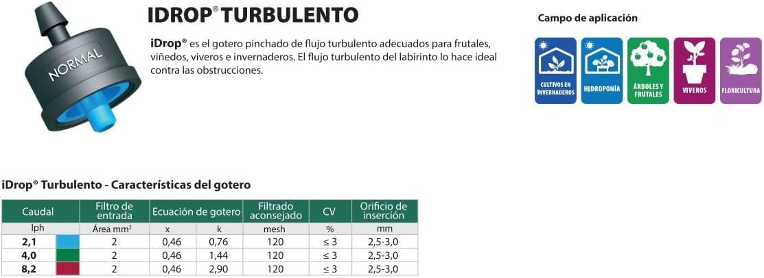 Suinga 500 x GOTEROS AUTOCOMPENSANTES. Caudal 2 litros por Hora. Apertura a 0,5 Bar. No Desmontable. Filtración Recomendada 120 Mesh. Goteros de riego. Alta PRECISIÓN
