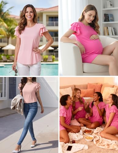 Image of Ekouaer Womens Pajama Sets 2 Piece Ruffle Sleeves Top and Shorts Pjs | Soft Sleepwear Cute Loungewear Set with Pockets for Sleep, Lounge, Wedding, Party, Bridal