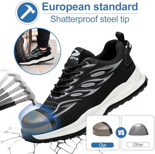 Veiligheidsschoenen Heren Lichtgewicht Veiligheidsschoenen Sneaker Anti Slip Stalen Neus Schoenen Trekkingschoenen Ademende Comfortabel voor Bouwterreinen Magazijnen Kitchen Zwart Grijs 40EU