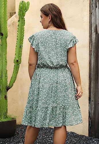 Image of Keluummi Plus Size Wedding Guest Midi Dress for Curvy Women, Summer Casual Boho Floral Graduation Tiered Sundress with Pocket(20 Plus, 08 - Green Floral)