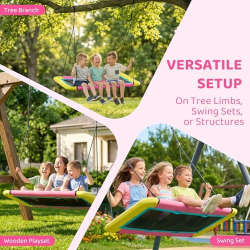 Image of 60'' Rectangle Platform Tree Swing for Kids and Adults, Giant Flying Swing with Adjustable Hanging Strap, Waterproof Textilene Fabric Tear & UV Resistant, Swings Set for Backyard Garden