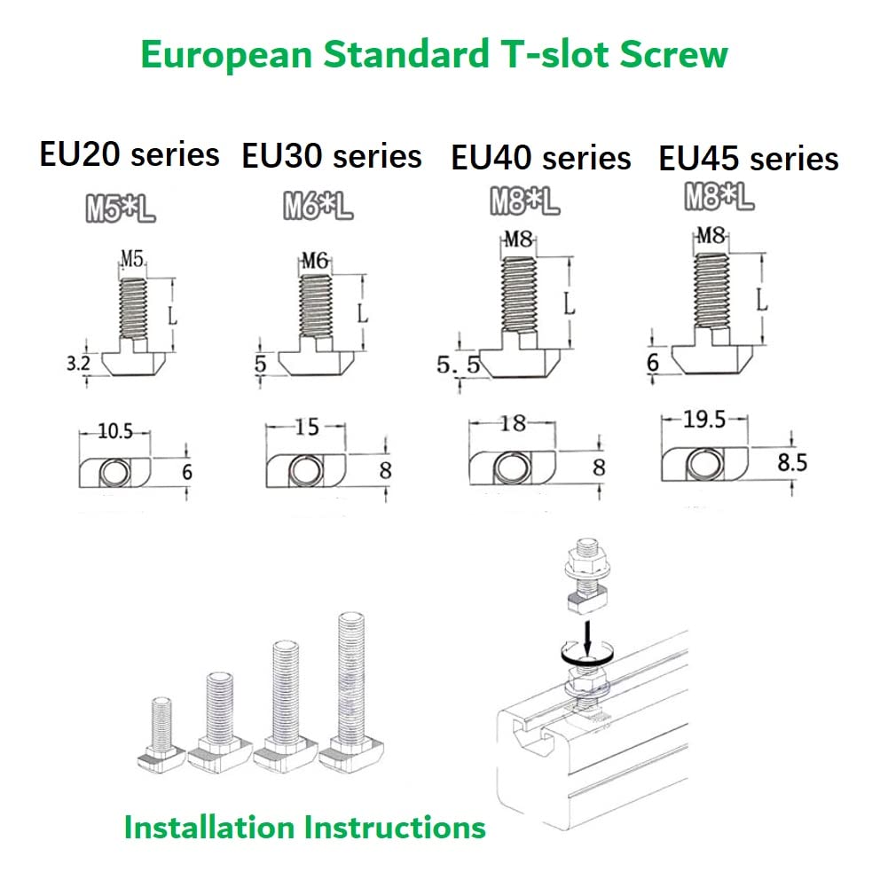 Boulons en T M8x40mm en Acier au Carbone, Boulons en T à Fente pour Profilés Aluminium Standard Européens