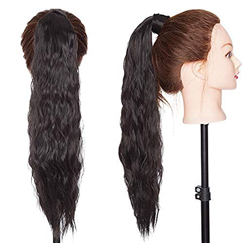 SEGO Queue de Cheval Extension pas Naturel Postiche Synthetique Rajout Clip Froid Ponytail - 20(50CM) Noir Naturel - Chignon Chouchou Boucle Ondule Longue (Corn Wave)