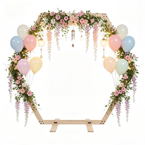 Arco de boda hexagonal con marco rústico de madera natural estable de 2,3 m 2