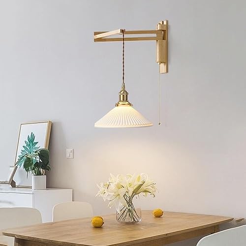 Miniatura 4 de Mid Century Wall Sconce Milk Glass Swing Arm Wood Vintage Adjustable Farmhouse Reading Light for Bedside Living Room Office E26E27 Base(Cone)